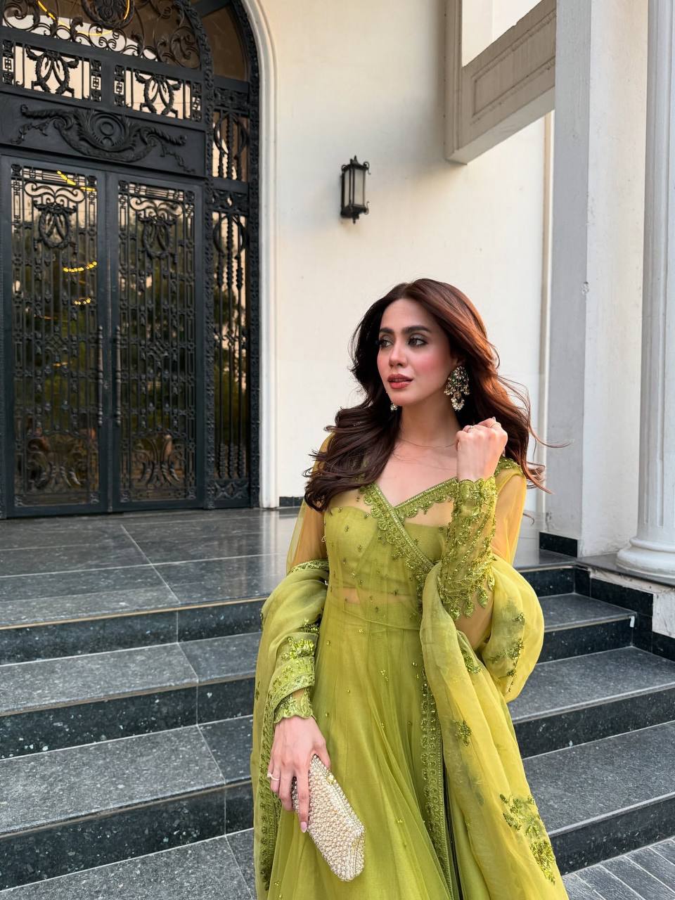 Olive Green Embroidered Net Anarkali Suit Set with Dupatta & Bottom – Festive Ethnic Wear for Women