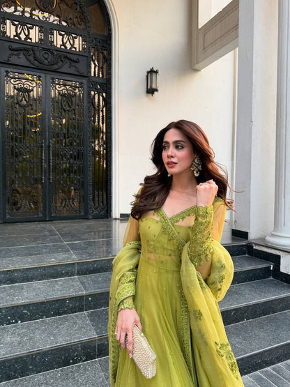 Olive Green Embroidered Net Anarkali Suit Set with Dupatta & Bottom – Festive Ethnic Wear for Women