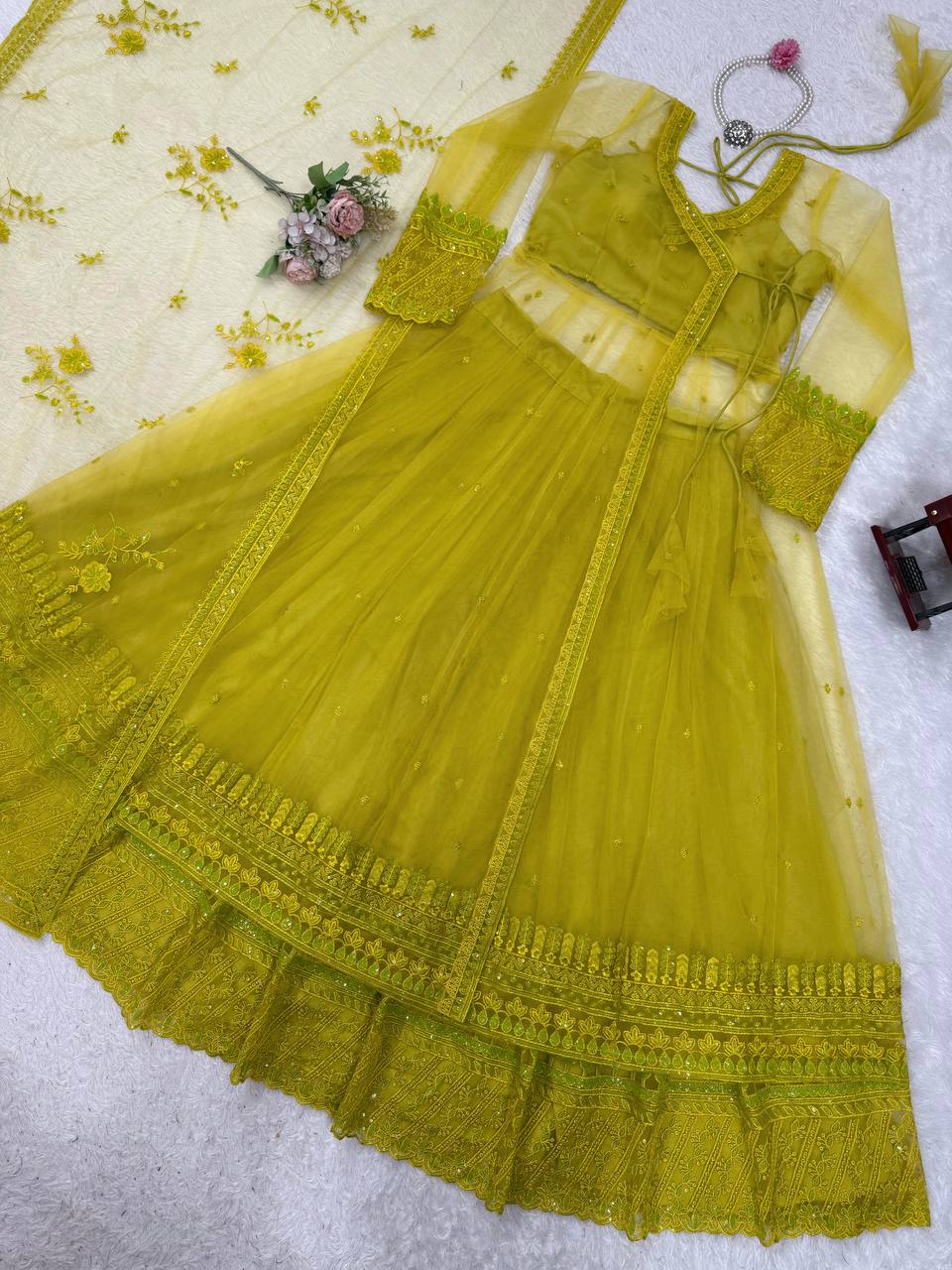 Olive Green Embroidered Net Anarkali Suit Set with Dupatta & Bottom – Festive Ethnic Wear for Women