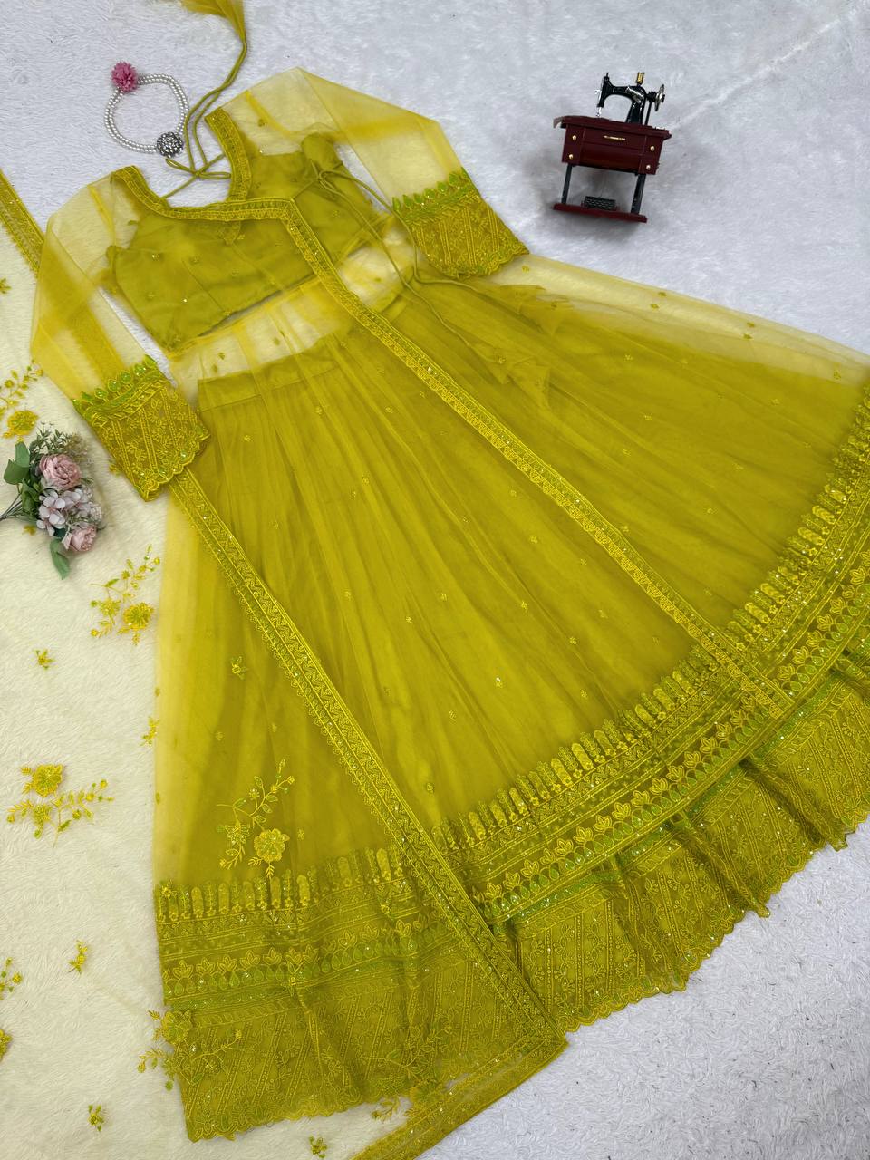 Olive Green Embroidered Net Anarkali Suit Set with Dupatta & Bottom – Festive Ethnic Wear for Women