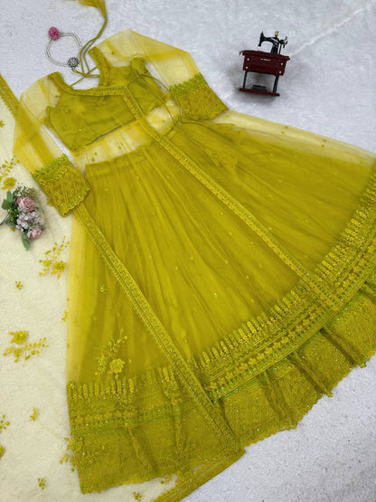 Olive Green Embroidered Net Anarkali Suit Set with Dupatta & Bottom – Festive Ethnic Wear for Women