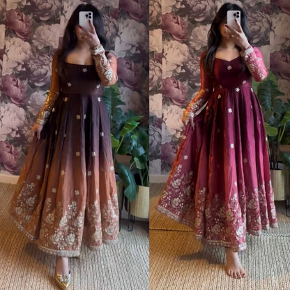 Embroidered Silk Anarkali Suit Set with Dupatta & Bottom – Available in Wine & Brown | Festive Wear for Women