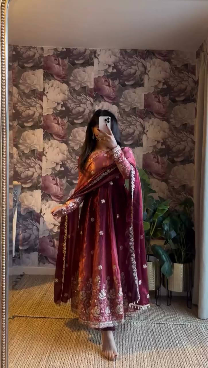 Embroidered Silk Anarkali Suit Set with Dupatta & Bottom – Available in Wine & Brown | Festive Wear for Women