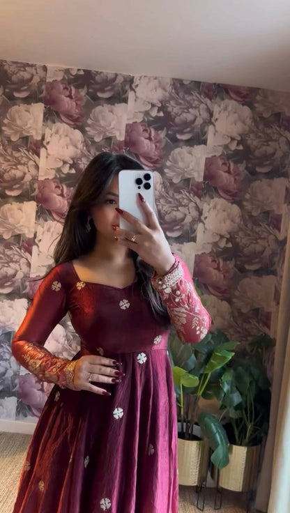 Embroidered Silk Anarkali Suit Set with Dupatta & Bottom – Available in Wine & Brown | Festive Wear for Women