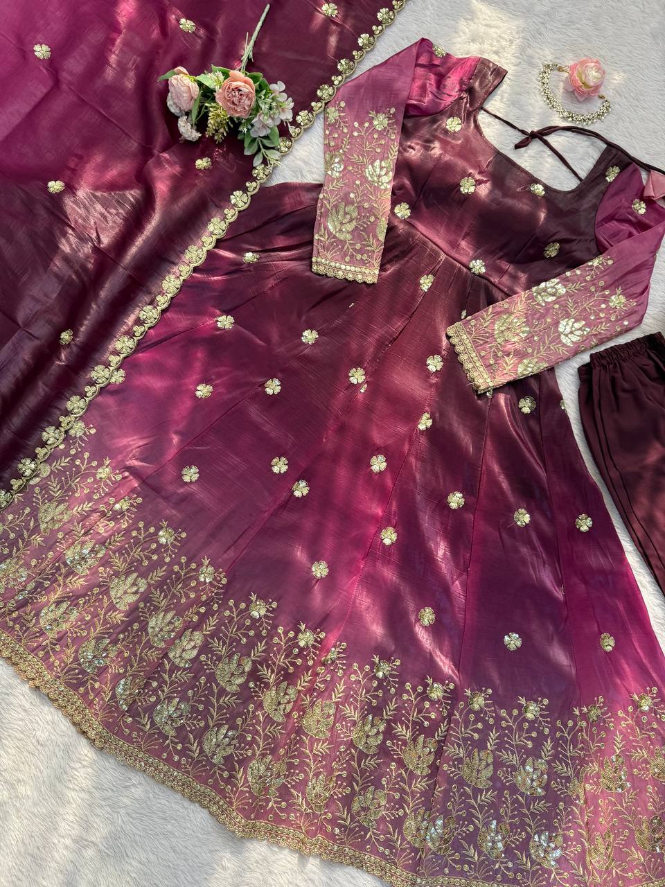 Embroidered Silk Anarkali Suit Set with Dupatta & Bottom – Available in Wine & Brown | Festive Wear for Women
