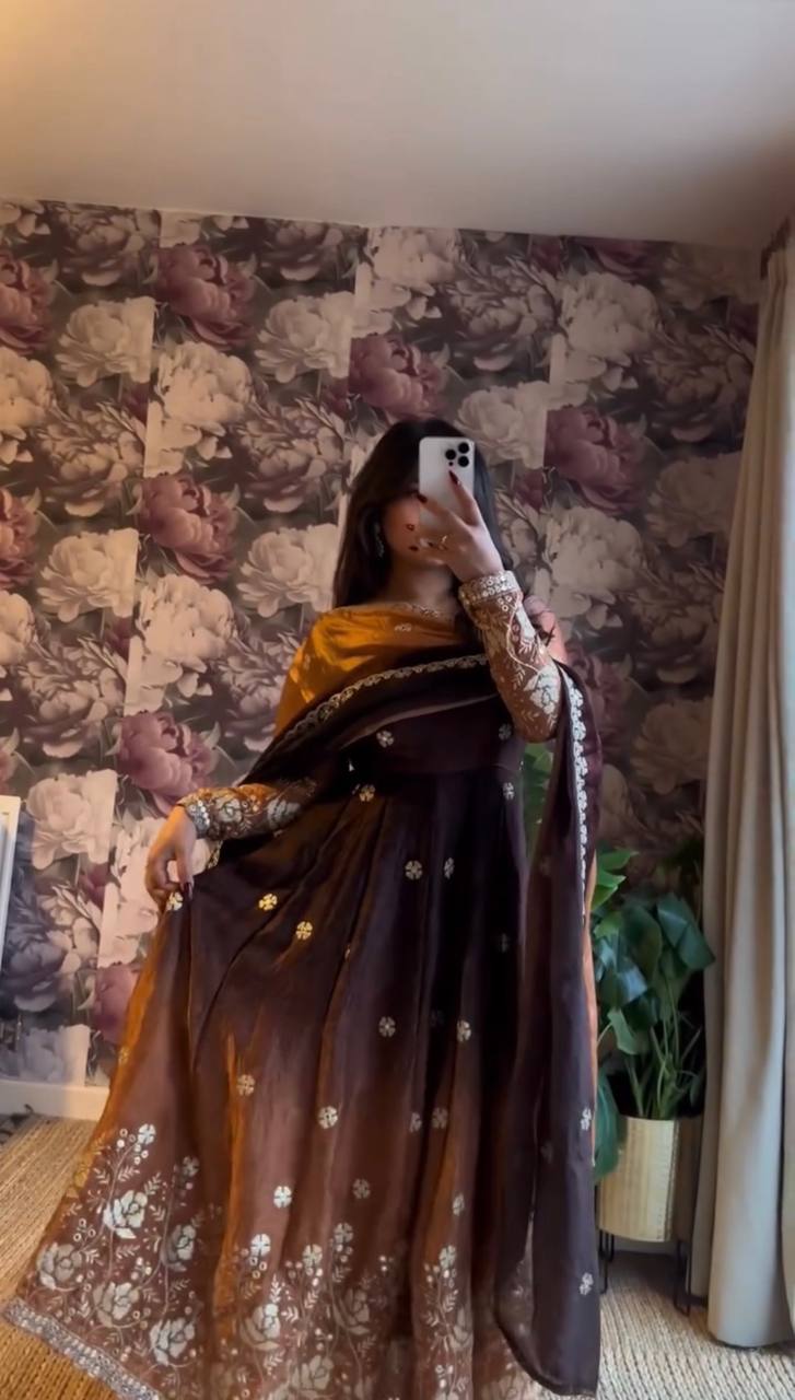 Embroidered Silk Anarkali Suit Set with Dupatta & Bottom – Available in Wine & Brown | Festive Wear for Women