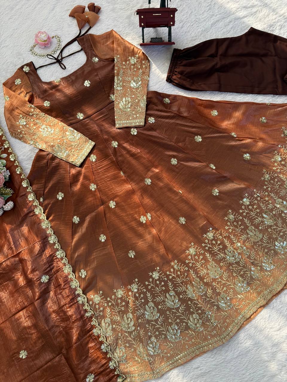 Embroidered Silk Anarkali Suit Set with Dupatta & Bottom – Available in Wine & Brown | Festive Wear for Women
