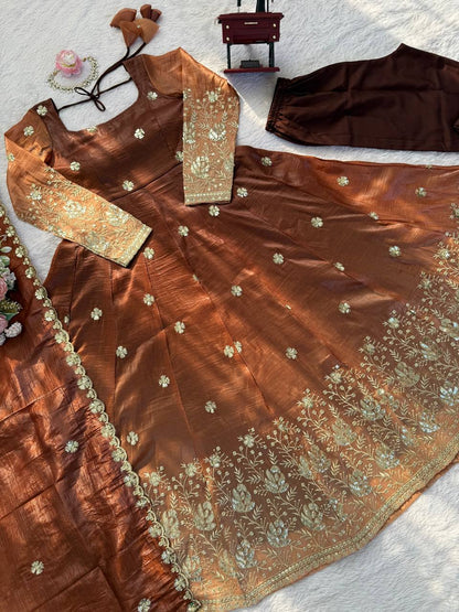 Embroidered Silk Anarkali Suit Set with Dupatta & Bottom – Available in Wine & Brown | Festive Wear for Women