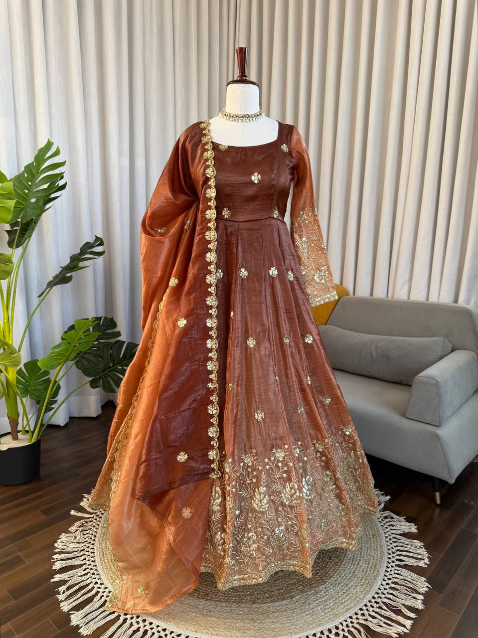 Embroidered Silk Anarkali Suit Set with Dupatta & Bottom – Available in Wine & Brown | Festive Wear for Women