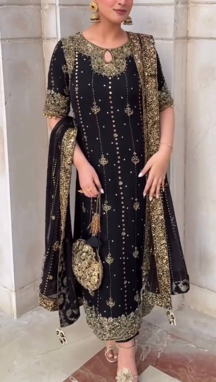 Black Embroidered Straight Kurta Set with Dupatta & Bottom – Elegant Festive Wear for Women