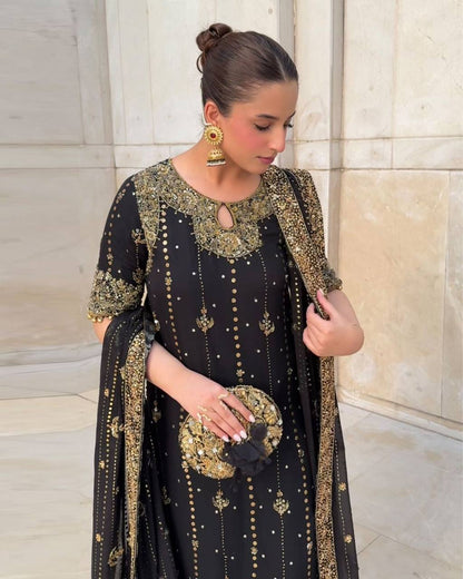 Black Embroidered Straight Kurta Set with Dupatta & Bottom – Elegant Festive Wear for Women