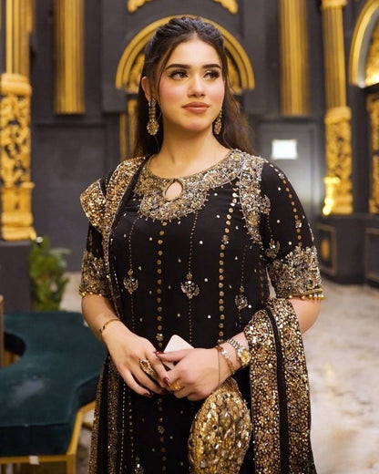 Black Embroidered Straight Kurta Set with Dupatta & Bottom – Elegant Festive Wear for Women