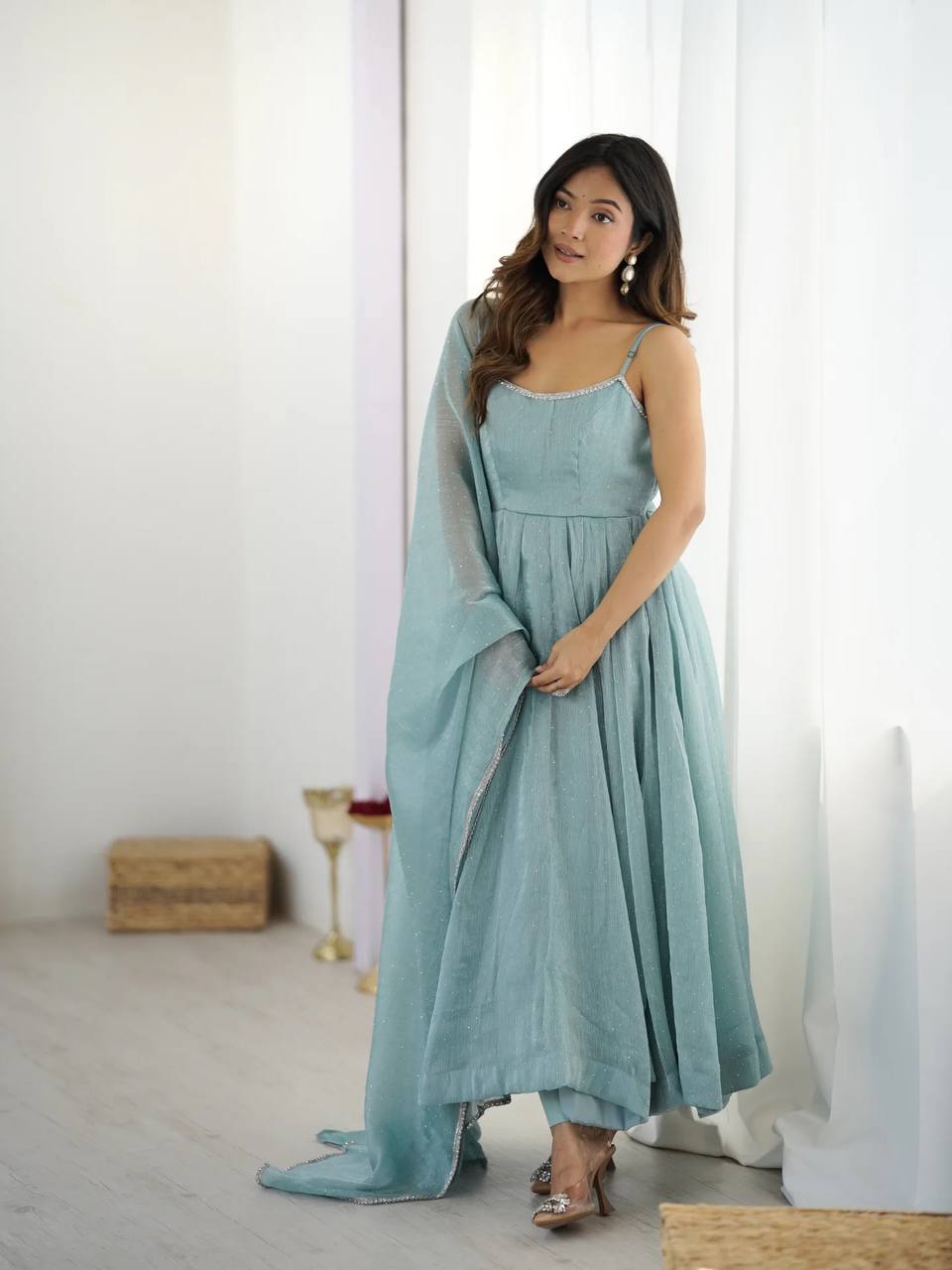 Sea Blue Shimmer Anarkali Dress Set with Dupatta & Bottom – Party Wear Ethnic Outfit for Women