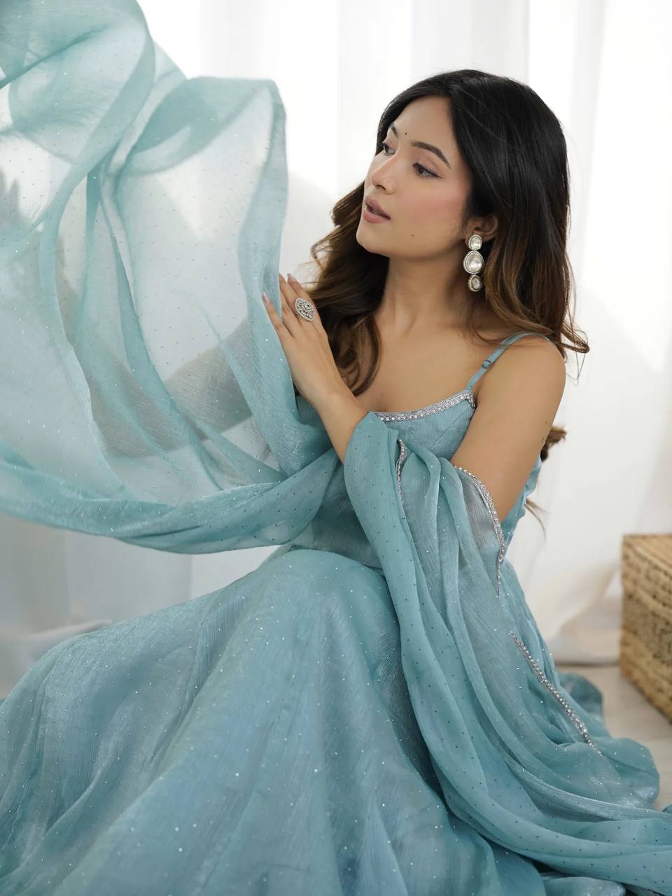 Sea Blue Shimmer Anarkali Dress Set with Dupatta & Bottom – Party Wear Ethnic Outfit for Women