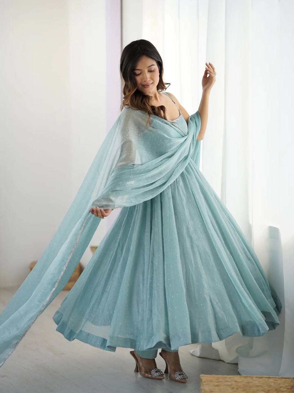 Sea Blue Shimmer Anarkali Dress Set with Dupatta & Bottom – Party Wear Ethnic Outfit for Women