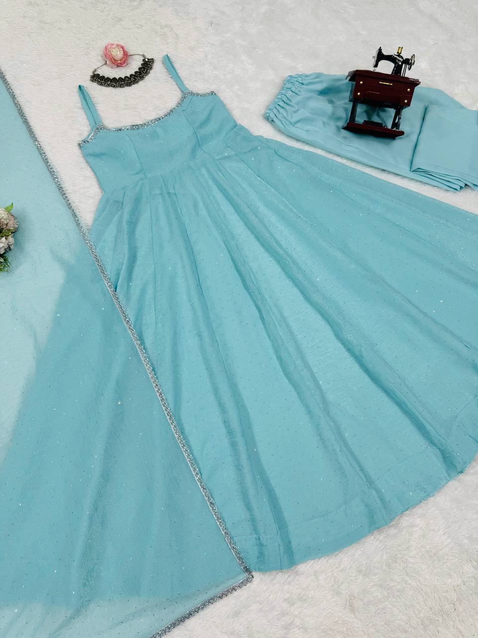 Sea Blue Shimmer Anarkali Dress Set with Dupatta & Bottom – Party Wear Ethnic Outfit for Women