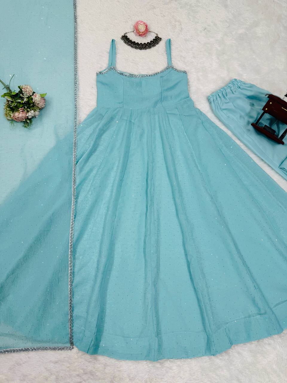 Sea Blue Shimmer Anarkali Dress Set with Dupatta & Bottom – Party Wear Ethnic Outfit for Women