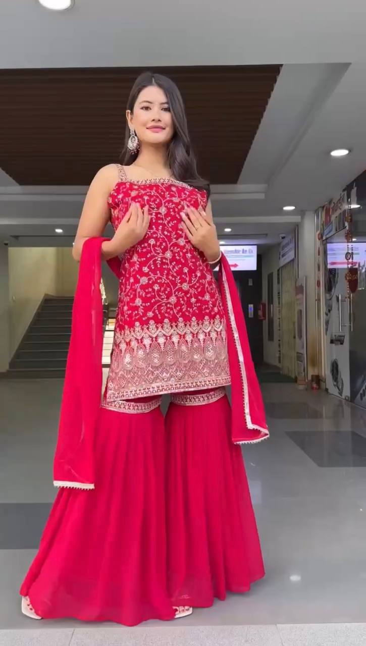 Embroidered Sleeveless Kurti Sharara Set with Dupatta – 2 Color Options (Pink & Purple) | Festive Party Wear for Women