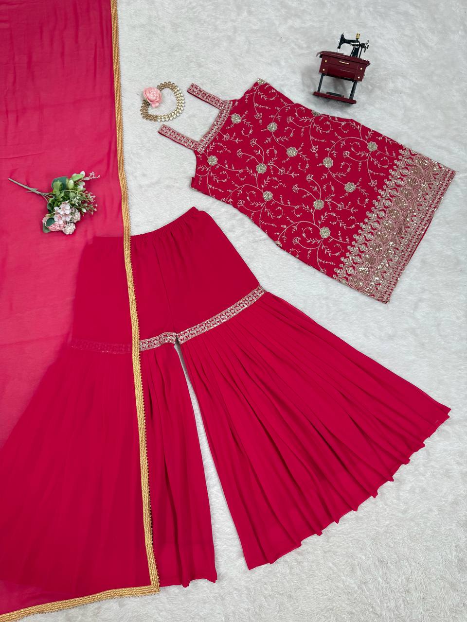 Embroidered Sleeveless Kurti Sharara Set with Dupatta – 2 Color Options (Pink & Purple) | Festive Party Wear for Women