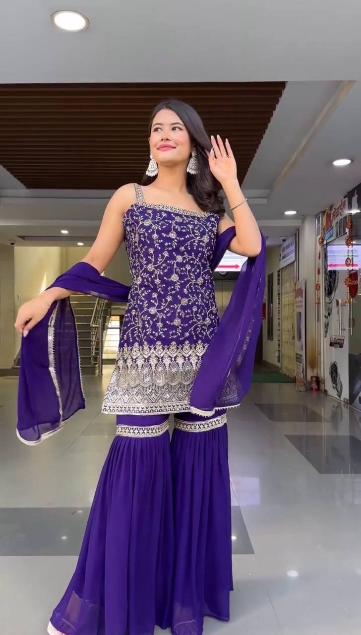 Embroidered Sleeveless Kurti Sharara Set with Dupatta – 2 Color Options (Pink & Purple) | Festive Party Wear for Women