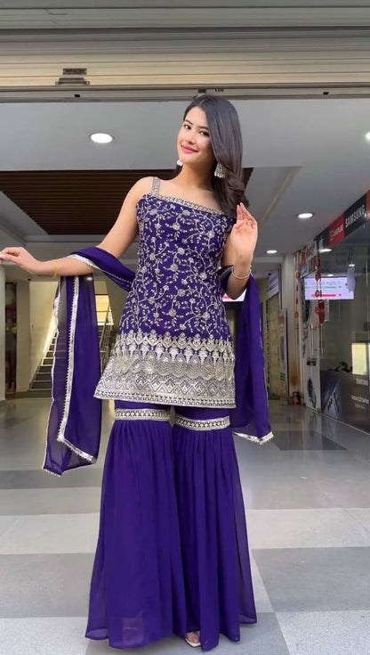 Embroidered Sleeveless Kurti Sharara Set with Dupatta – 2 Color Options (Pink & Purple) | Festive Party Wear for Women