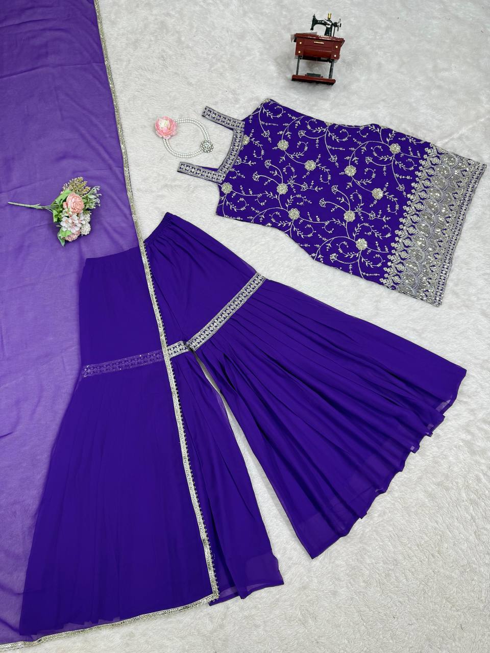 Embroidered Sleeveless Kurti Sharara Set with Dupatta – 2 Color Options (Pink & Purple) | Festive Party Wear for Women