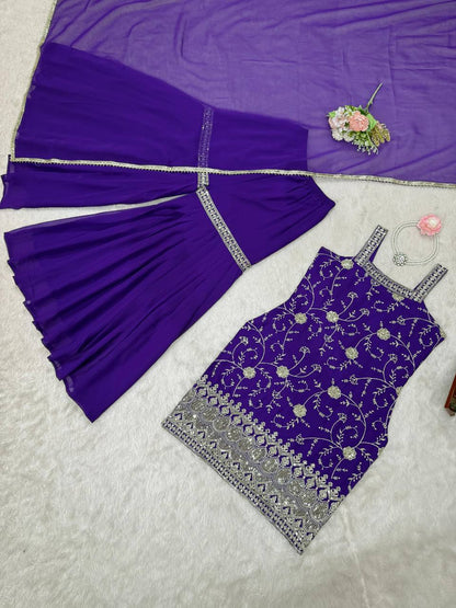 Embroidered Sleeveless Kurti Sharara Set with Dupatta – 2 Color Options (Pink & Purple) | Festive Party Wear for Women