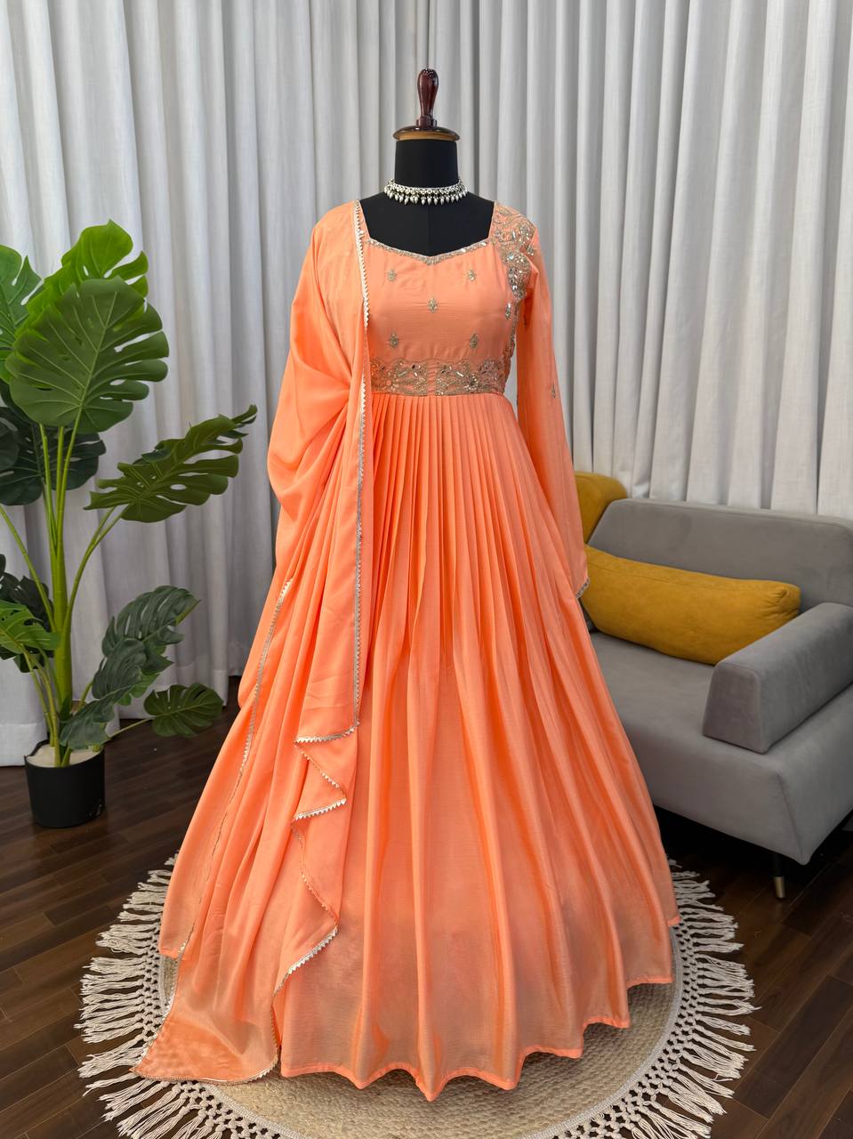 Embroidered Anarkali Suit Set with Dupatta & Bottom – 2 Color Options (Red & Orange ) | Festive Wear for Women