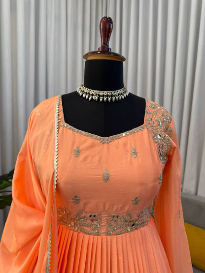 Embroidered Anarkali Suit Set with Dupatta & Bottom – 2 Color Options (Red & Orange ) | Festive Wear for Women