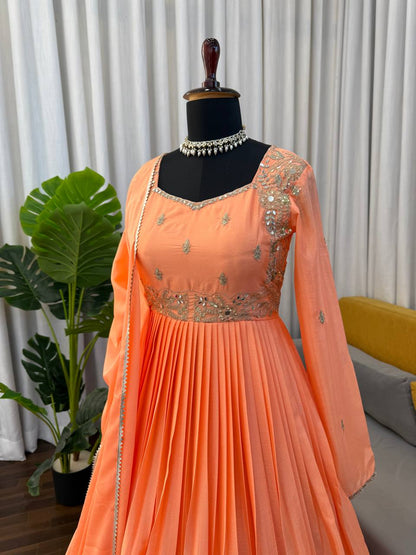 Embroidered Anarkali Suit Set with Dupatta & Bottom – 2 Color Options (Red & Orange ) | Festive Wear for Women