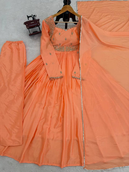 Embroidered Anarkali Suit Set with Dupatta & Bottom – 2 Color Options (Red & Orange ) | Festive Wear for Women