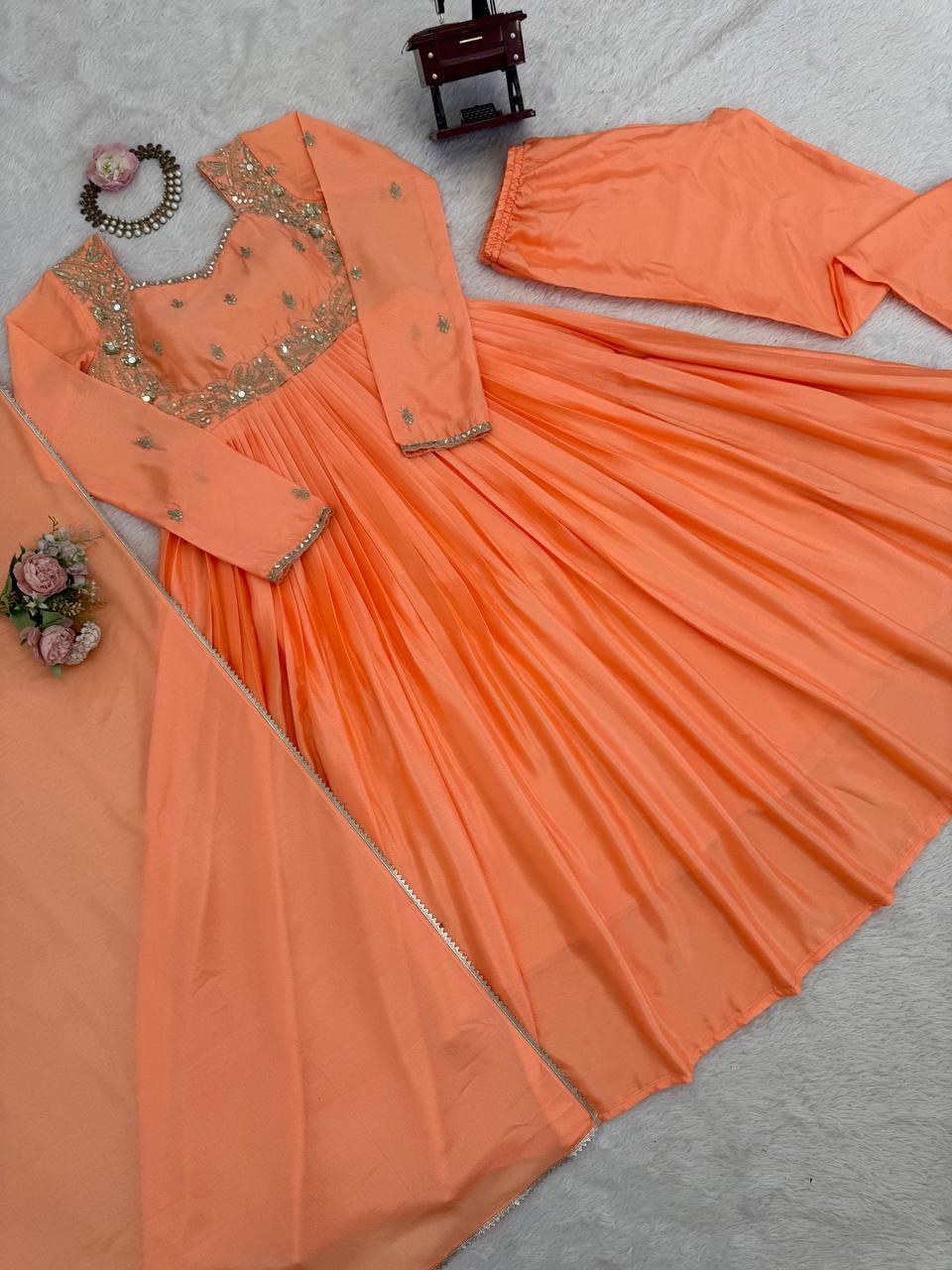Embroidered Anarkali Suit Set with Dupatta & Bottom – 2 Color Options (Red & Orange ) | Festive Wear for Women