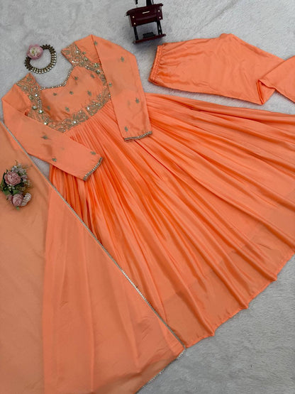 Embroidered Anarkali Suit Set with Dupatta & Bottom – 2 Color Options (Red & Orange ) | Festive Wear for Women