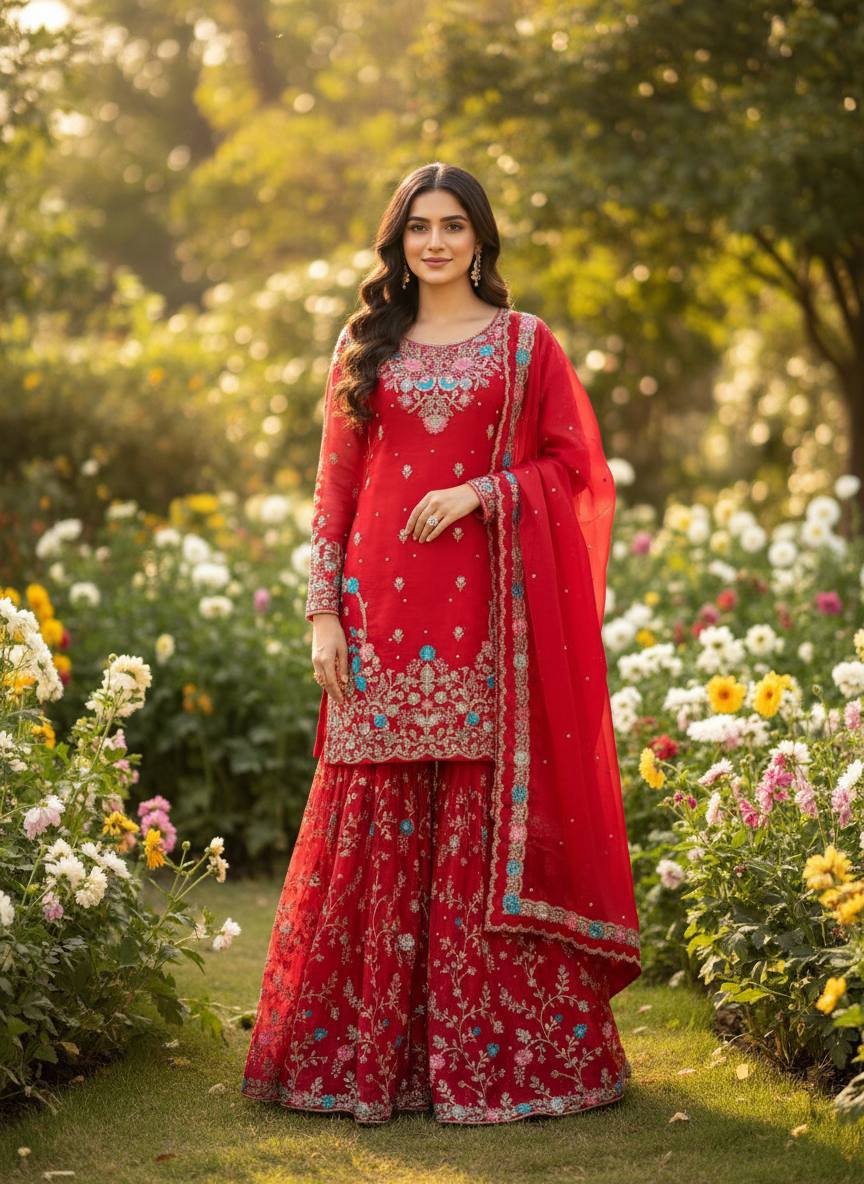 Heavy Embroidered Kurta Sharara Set with Dupatta | 5 Color Options