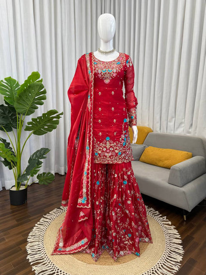 Heavy Embroidered Kurta Sharara Set with Dupatta | 5 Color Options
