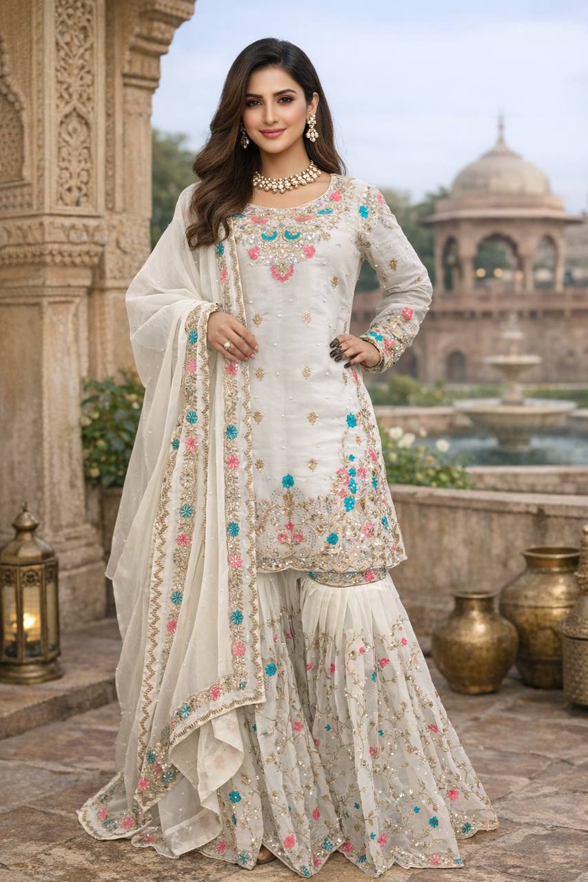 Heavy Embroidered Kurta Sharara Set with Dupatta | 5 Color Options