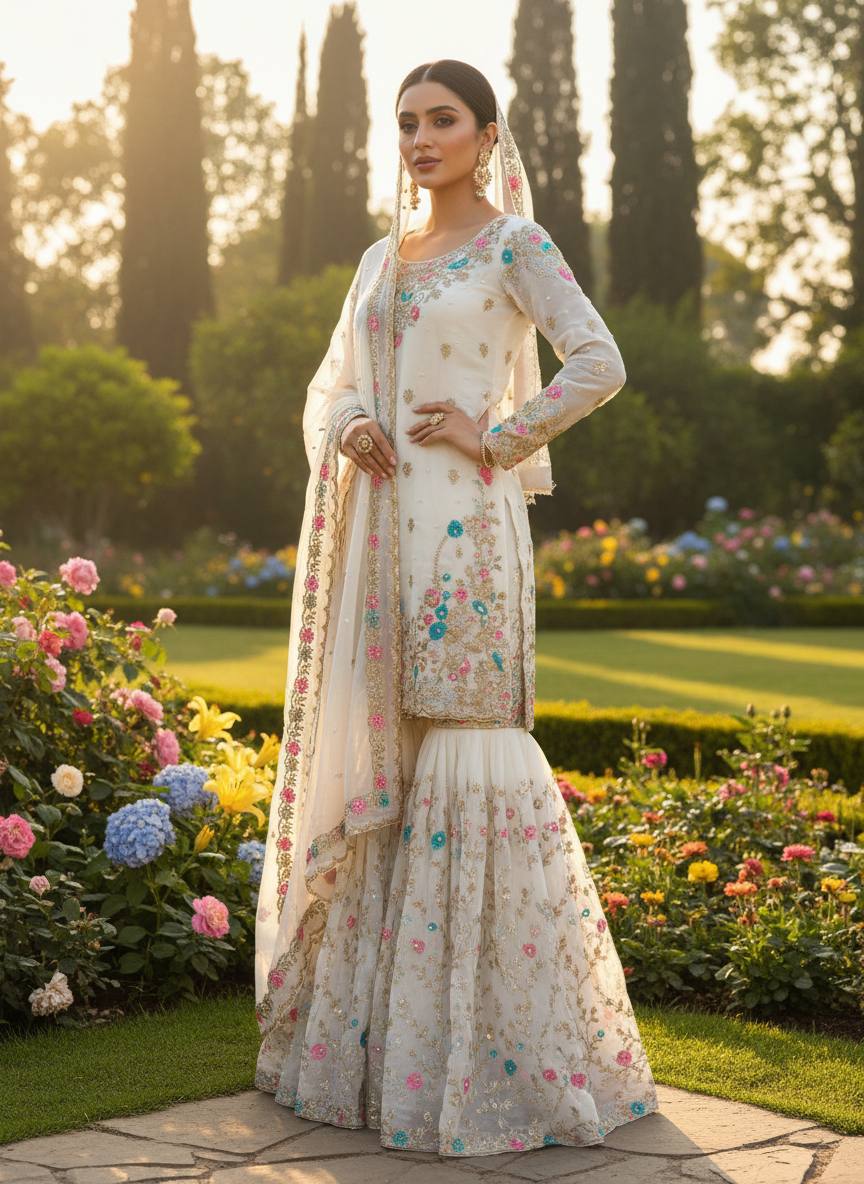 Heavy Embroidered Kurta Sharara Set with Dupatta | 5 Color Options