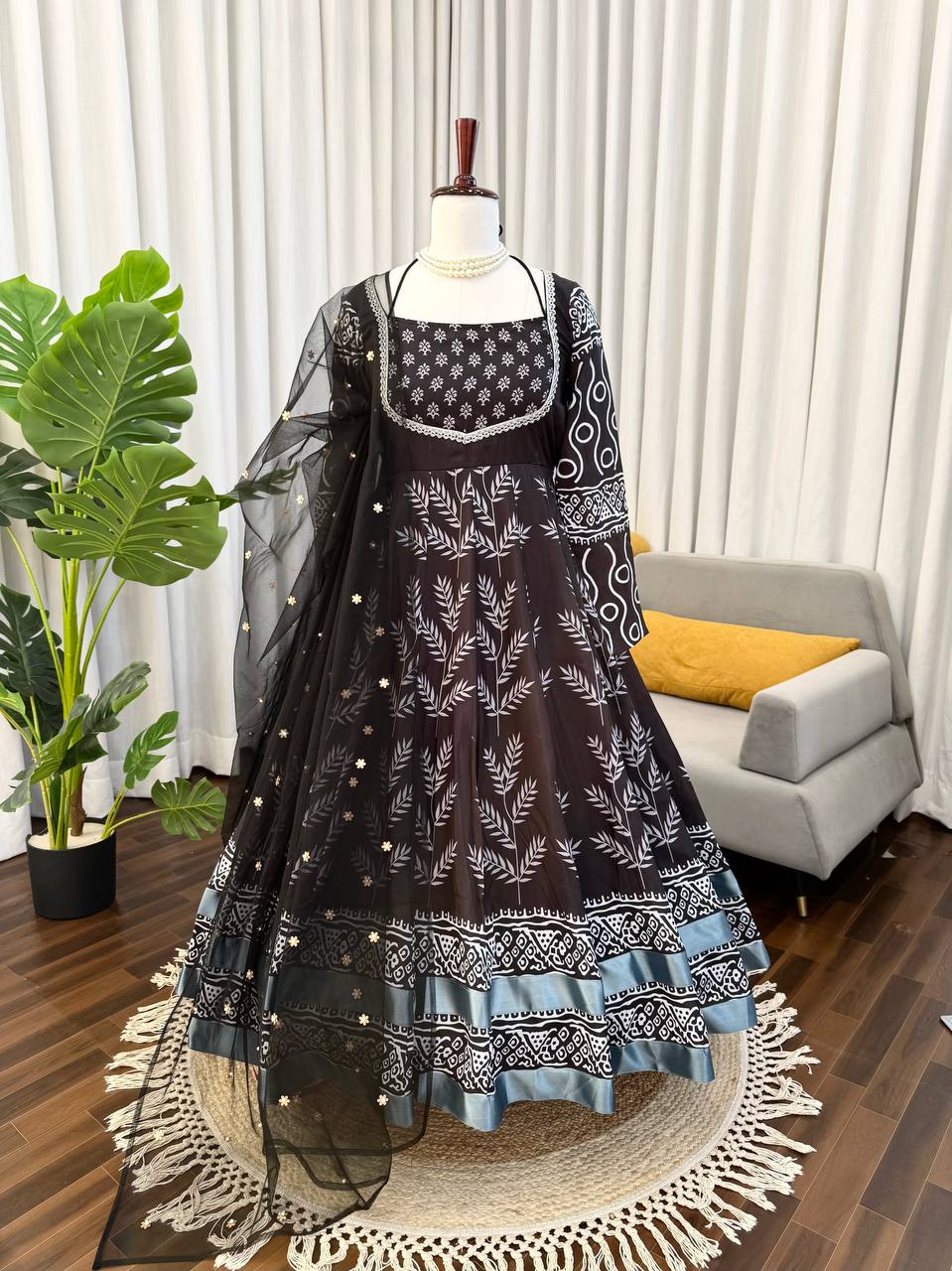 Black & White Printed Anarkali Kurta Set with Bottom – Stylish Everyday Ethnic Wear for Women