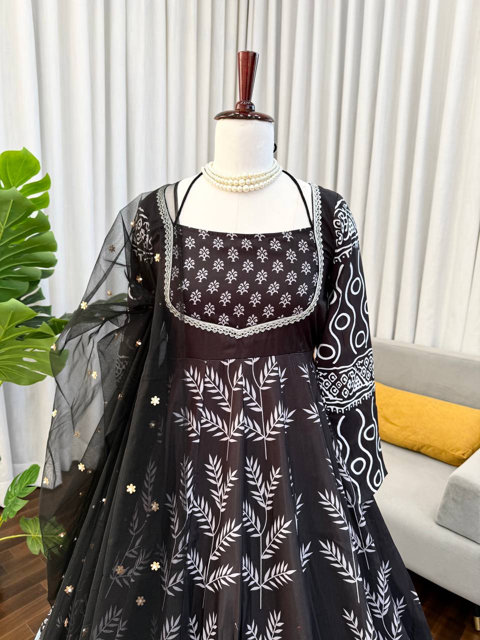 Black & White Printed Anarkali Kurta Set with Bottom – Stylish Everyday Ethnic Wear for Women