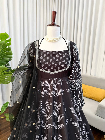 Black & White Printed Anarkali Kurta Set with Bottom – Stylish Everyday Ethnic Wear for Women
