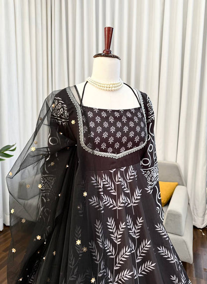 Black & White Printed Anarkali Kurta Set with Bottom – Stylish Everyday Ethnic Wear for Women