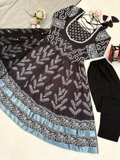 Black & White Printed Anarkali Kurta Set with Bottom – Stylish Everyday Ethnic Wear for Women