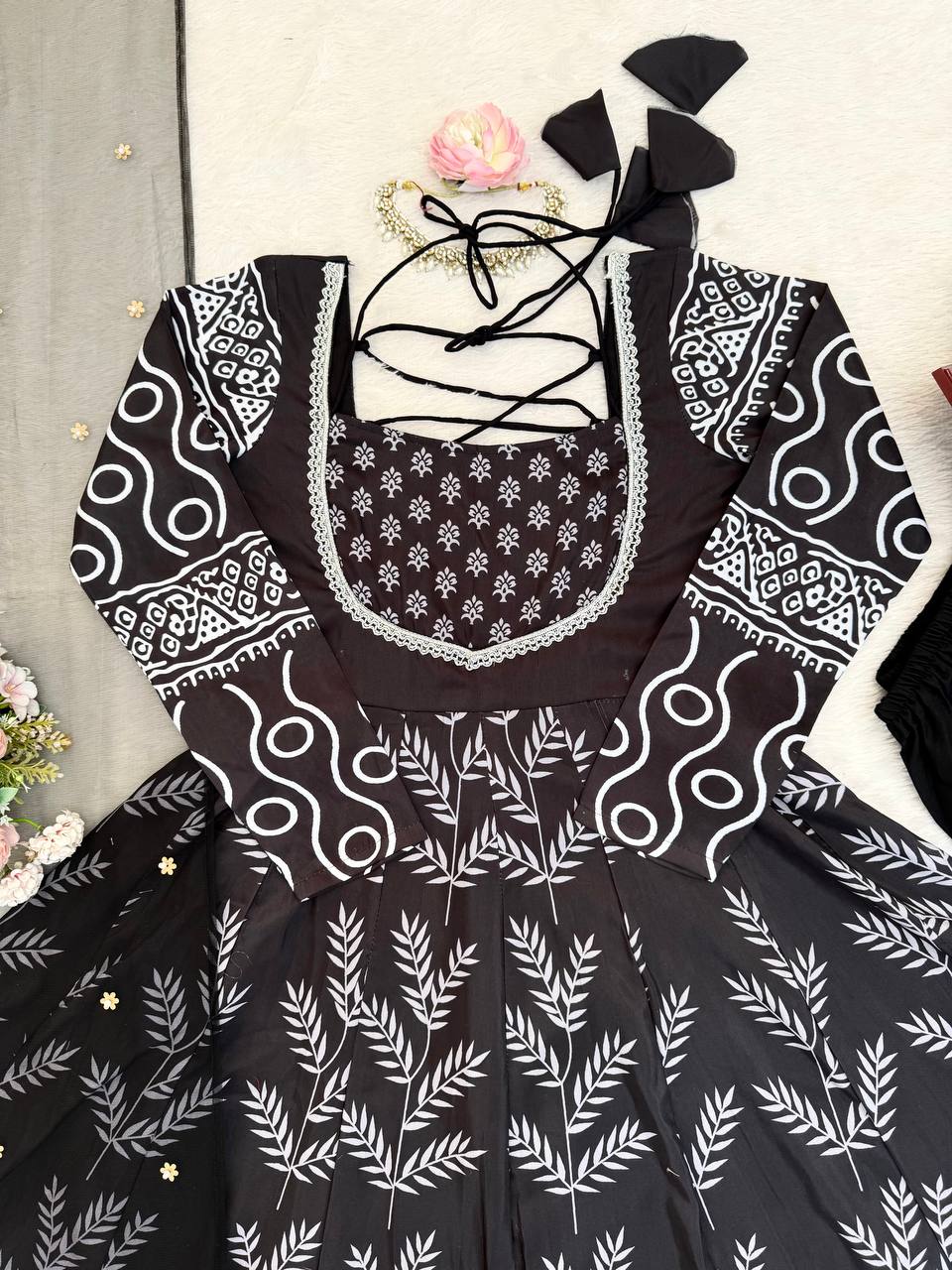 Black & White Printed Anarkali Kurta Set with Bottom – Stylish Everyday Ethnic Wear for Women