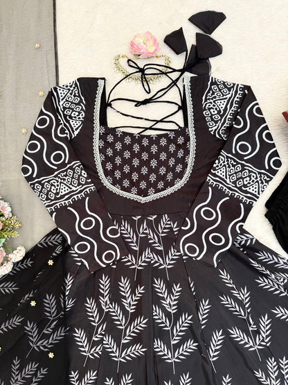 Black & White Printed Anarkali Kurta Set with Bottom – Stylish Everyday Ethnic Wear for Women
