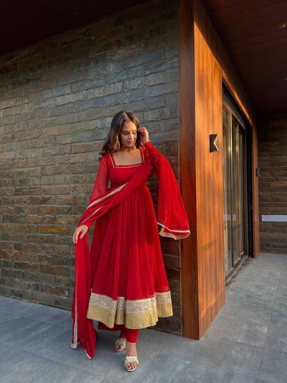 Red Pleated Anarkali Suit Set with Dupatta & Bottom – Heavy Border Festive Wear for Women