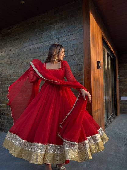 Red Pleated Anarkali Suit Set with Dupatta & Bottom – Heavy Border Festive Wear for Women