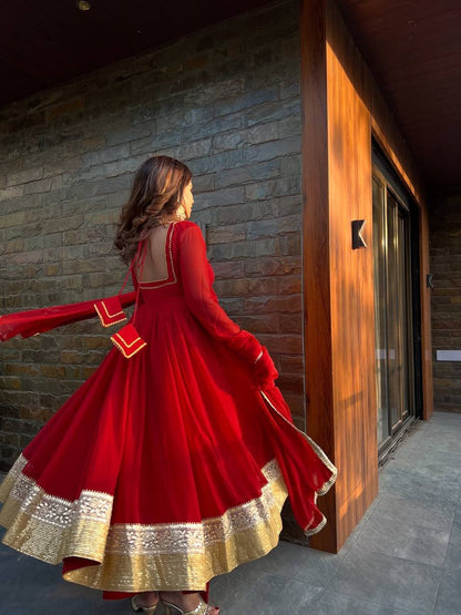 Red Pleated Anarkali Suit Set with Dupatta & Bottom – Heavy Border Festive Wear for Women