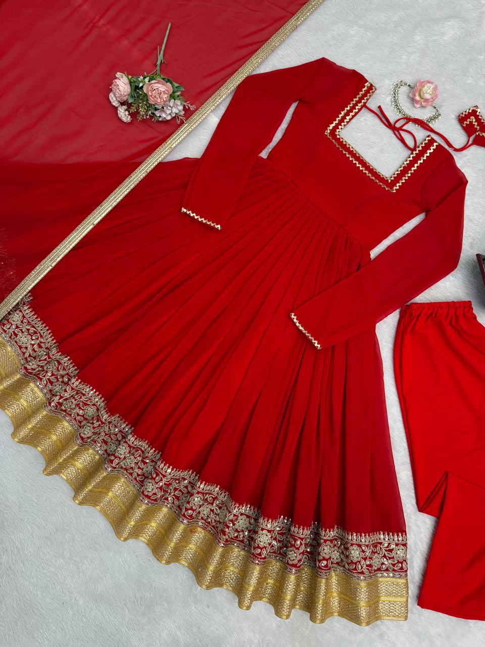 Red Pleated Anarkali Suit Set with Dupatta & Bottom – Heavy Border Festive Wear for Women