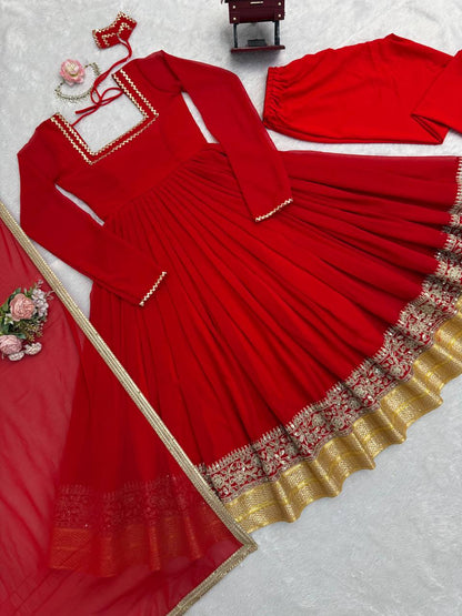 Red Pleated Anarkali Suit Set with Dupatta & Bottom – Heavy Border Festive Wear for Women