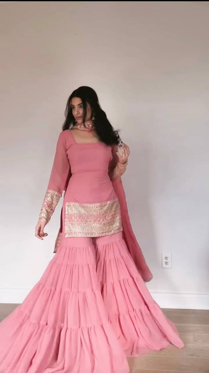 Baby Pink Embroidered Kurti Sharara Set with Dupatta – Elegant Festive Wear for Women